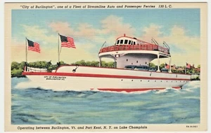c1938 Città di Burlington Vermont ~ Lake Champlain Ferry ~ cartolina d'epoca in lino - Foto 1 di 2