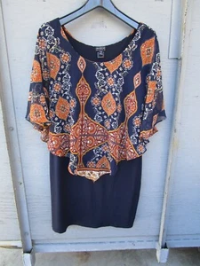 EnFocus Size 14W Sheath Dress Blue w brown paisley/flower Chiffon Overlay Top - Picture 1 of 5