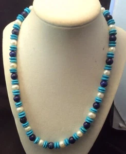 Handgefertigte Halskette Sterlingsilber echter Türkis Lapis & Süßwasserperlen 20 Zoll - Bild 1 von 8