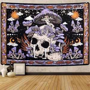 Gothic Skull Mushroom Tapestry - Purple Black Sun Moon Wall Hanging Gothic Decor - Picture 1 of 5