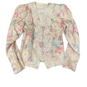 Vintage Jessica McClintock Floral Brocade Jacket Cream Embroidered Lace Cottage - Picture 1 of 10