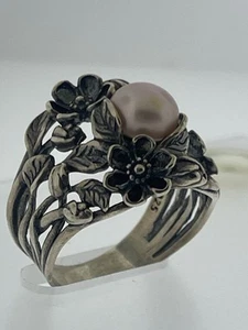 silver rings Pearl Oxidised 925 Or Paz Made In Israel Flowers - Picture 1 of 15