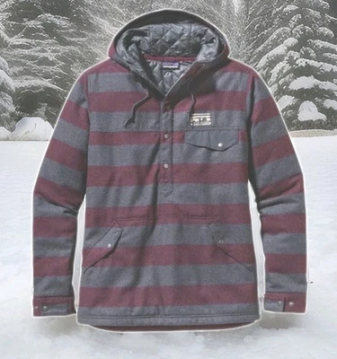 Patagonia Wool T Snap Pullover Jacket Men XS Red Gray Striped Quilted Lined Hood - Image 1 of 4