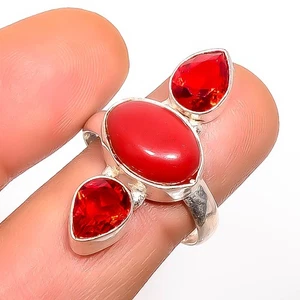 Red Coral & Garnet Gemstone Silver Plated Jewelry Ring s.11 TR7508-1806 - Picture 1 of 3