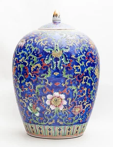 Collectible China Famille Rose Blue Jingdezhen Porcelain Urn - Picture 1 of 8