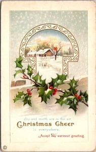 Christmas Vintage Postcard Merry Yule-Tide Seasons Greetings Presents Snowy Art - Bild 1 von 2