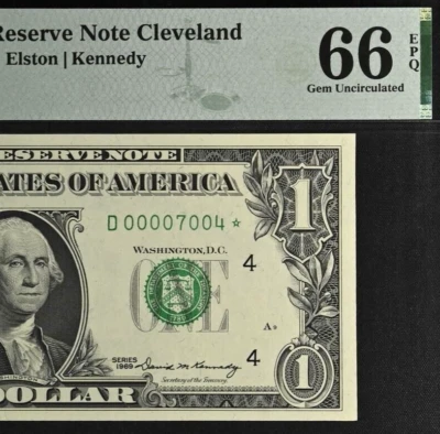 1969 $1 FRN Cleveland Star PMG 66EPQ birthday low serial number star 00007004* - Image 1 of 3