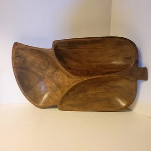 Vintage MCM Mid Century Modern Handmade Carved XL Wood Leaf Divided Tray Bowl - Picture 1 of 12