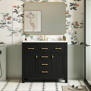 36'' Bathroon Vanity w/Ceramic Sink Combo Set,Modern Bathroom Cabinet w/4 Drawer - Picture 1 of 12