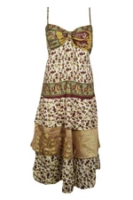 Boho Chic Silk Sundress Beige Spaghetti Strap Summer Beach Travel Dresses S/M