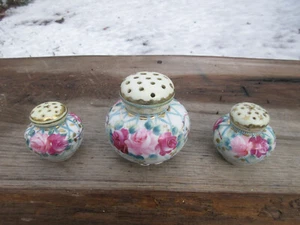 Antique Porcelain Hand Painted Hair Pin Holder Matched Boudoir Vanity Set 4" 2" - Picture 1 of 6