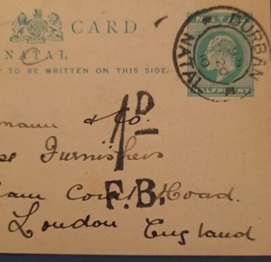 South Africa Natal 1910 Durban To London GB Postal Card Postal History A14 - Picture 1 of 3