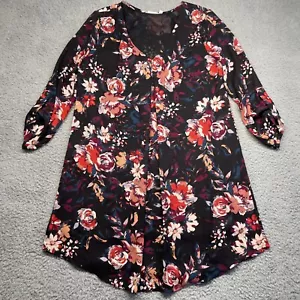 Lush Dress Womens Medium Black Floral Roll Tab Sleeves Shift Style - Picture 1 of 14