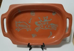 Storyteller Arts Terra Cotta Platter w/Handles Buffalo Bison Hunter Horse Mexico - Picture 1 of 12