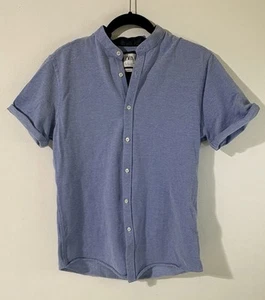 ZARA Camicia Uomo Slim Fit Manica Corta Grande Blu 100% Cotone Collo Mandarino - Foto 1 di 8