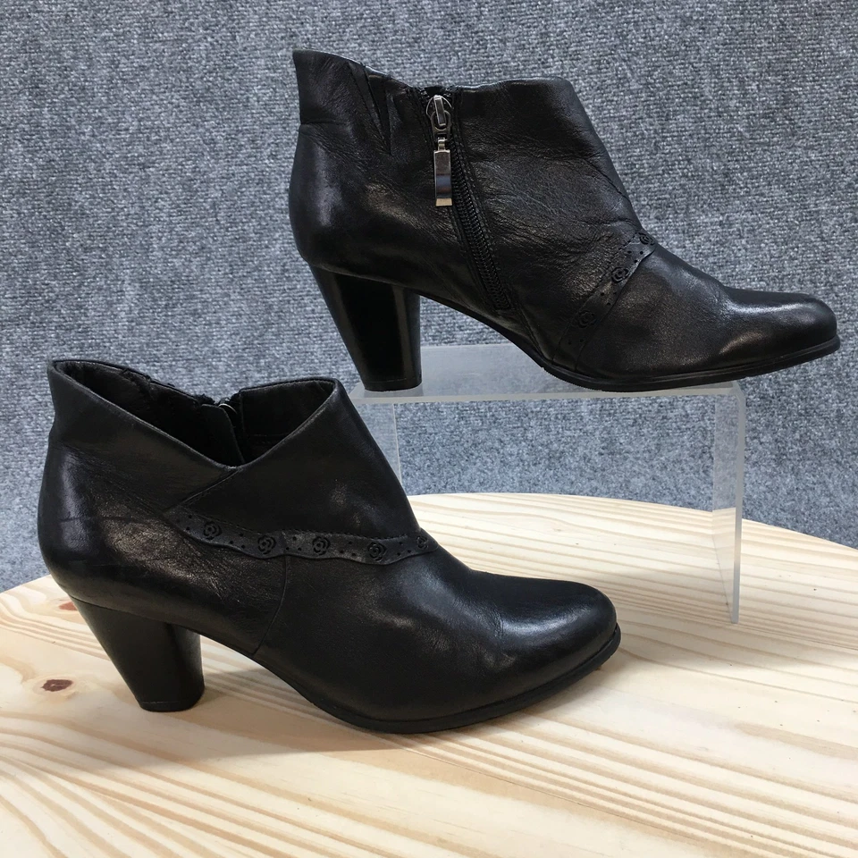 Spring Step Boots Womens 37 Ankle Booties Black Leather Almond Toe Zip Heels - Image 1 of 4