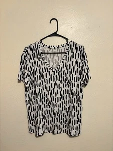 NINE WEST Damen T-Shirt mit V-Ausschnitt Größe L Relaxed Fit Schwarz-Weiß Neu - Bild 1 von 5