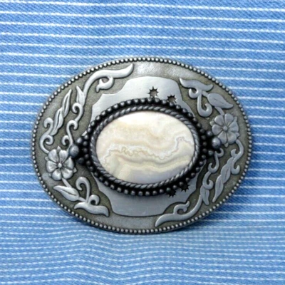 Clásico Cinturón Vaquero Occidental Hebilla Floral Pergamino Encaje Ágata De Colección Años 80 .CPA451 Foto 1 de 4