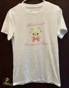 Womens Cute Kitty T Shirt Reads (Blessed With Beauty And Rage Size Small NWT - Picture 1 of 4