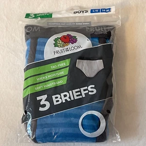 Fruit of the Loom Boy’s Briefs Size Large (14/16) Pk of 3 Blue Striped - Picture 1 of 4