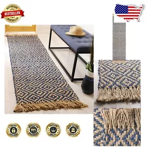 Handmade Jute Runner Rug 2'3" x 12' in Tropical Blue & Natural, Boho Style - Picture 1 of 6