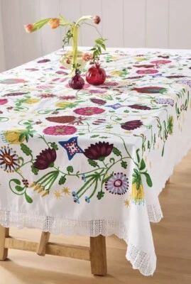 Anthropologie Cassiopeia Cotton Tablecloth Embroidered Accents Lace Floral NEW - Image 1 of 4
