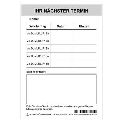 OLSHOP AG Terminblöcke Terminzettel Terminblock Ärzte Frisör Praxis Physio 50 Blöcke
