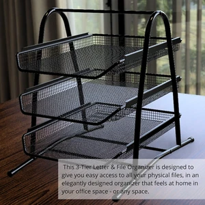 3-Tier Stackable Paper Tray Organizer for Desk - Black Metal File Rack for Le... - Picture 1 of 12