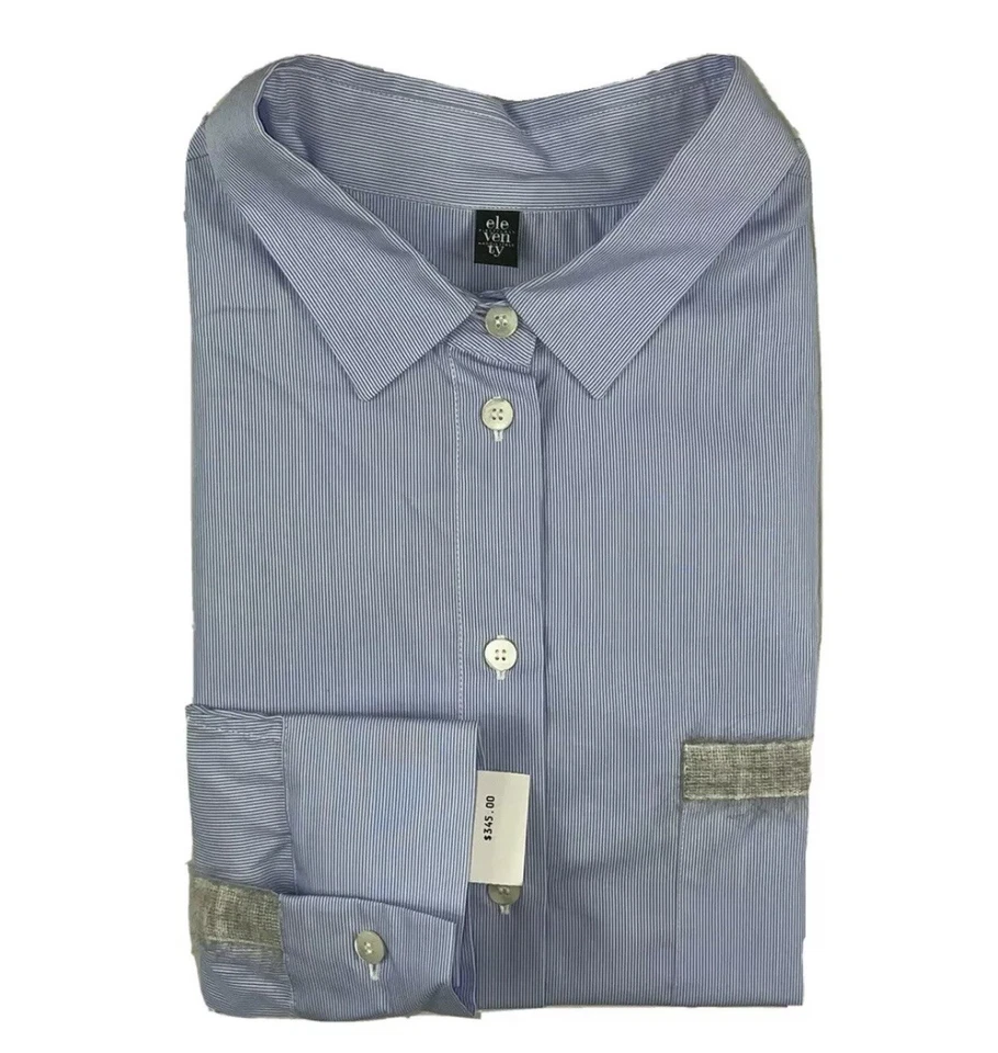 Eleventy Striped Cotton Felt Pocket Oversize Womens Button Front Size 8