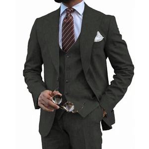 Mens 3Pcs Tweed Suits Wool Herringbone Vintage Tuxedo Blazer Vest Pants - Picture 1 of 9