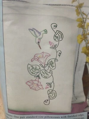 2pc Jack Dempsey Stamped Cross Stich Pillowcases White Perle Hummingbird 293 - Image 1 of 4