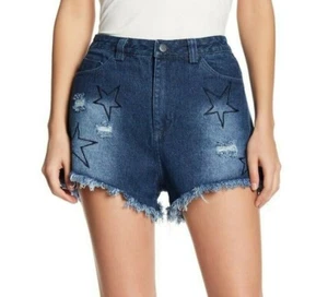 Lush 153544 Women's Denim Star Embroidered High-Waist Shorts Blue Sz. Large - Picture 1 of 2