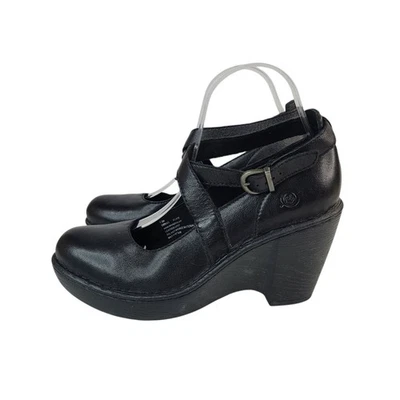 Born Black Leather Mary Jane Cross Ankle Strap Wedges Size 7.5 - Image 1 of 4