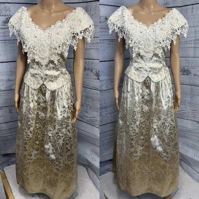 VTG Jessica McClintock Ivory Gold Lace Brocade Ball Gown Dress 12 USA 80s Formal - Image 1 of 4