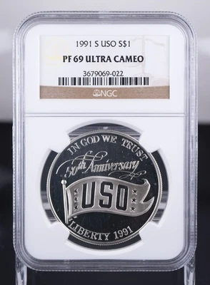 Certified 1991-S Silver $1 NGC PF69 Ultra Cameo USO 50th Anniversary - Image 1 of 4