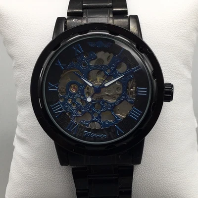 Winner Skeleton Watch Manual Wind 40mm Mens Stainless Steel Roman Dial Blue 8.5" - Image 1 of 4