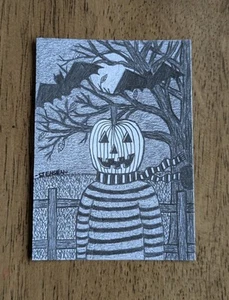ACEO Original Pumpkin Man Pencil Drawing Halloween Jack-O-Lantern Bats Fall Art - Picture 1 of 7