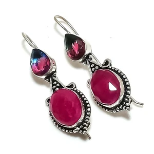 Ruby(Simulated), Tourmaline 925 Sterling Silver Earring 2.09" Gift I290 - Picture 1 of 5