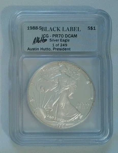 S Proof Silver Eagle 1988 ICG PR70 DCAM AUSTIN HUTTO ETIQUETA NEGRA FIRMADA 1 DE 249 - Imagen 1 de 4