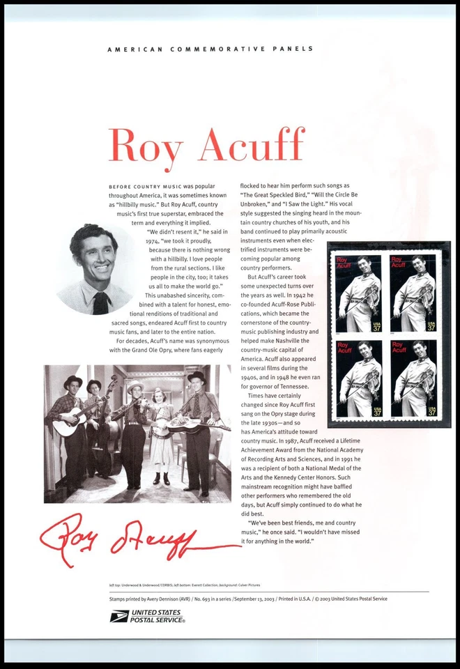 2003 Roy Acuff country music Opry CP690 commemorative panel 693 MNH Sc 3812 - Image 1 of 1