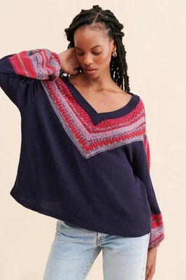 Top Térmico Free People Copenhagen Cuello en V Azul Talla Pequeña Boho Campesino Foto 1 de 4