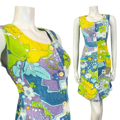 DE COLECCIÓN AÑOS 60 70 AZUL PÚRPURA VERDE PSICODÉLICO FLORAL RIZO TOALLA DE PLAYA VESTIDO 12 Foto 1 de 4