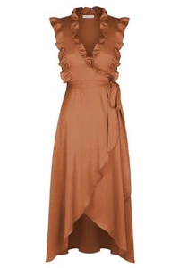 SHONA JOY Ruffle Wrap Dress Size AU 8 / US 4 Frill Midi Brown Bridesmaid Formal - Picture 1 of 6