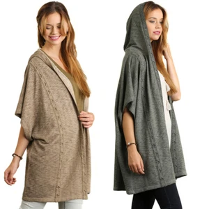 UMGEE Womens Washed Olive Taupe Hooded Chic Boho Bohemian Wrap Cardigan S M L - Picture 1 of 13