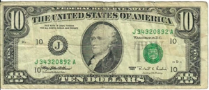 1995 10$ Federal Reserve Note - Green Seal - MEW/REB J34320892A - #13754 - Picture 1 of 2