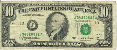 1995 10$ Federal Reserve Note - Green Seal - MEW/REB J34320892A - #13754 - Image 1 of 2