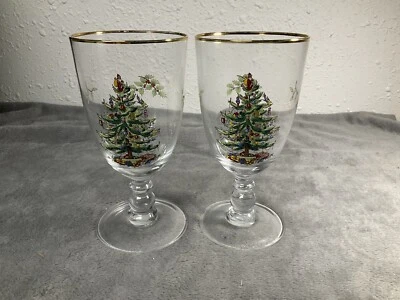Spode Christmas Tree 16 Ounces Pedestal Goblets with Gold Rims, Set of 2 - Image 1 of 4