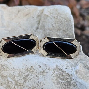 Vintage Gold Tone Cufflinks Black Oval Inlay Art Deco Style Signed By Hickok - Picture 1 of 6