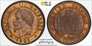 1862 A Paris France 1 Centime Gad-87 F-103 PCGS MS63 RB Red Brown 2823 - Picture 1 of 5