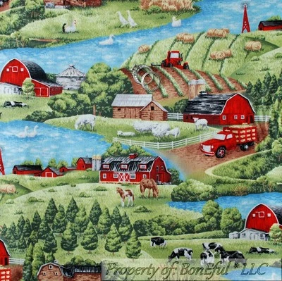 BonEful Fabric Cotton Quilt Scene Country Farm Tractor Horse Cow Barn LAST SCRAP - Image 1 of 4